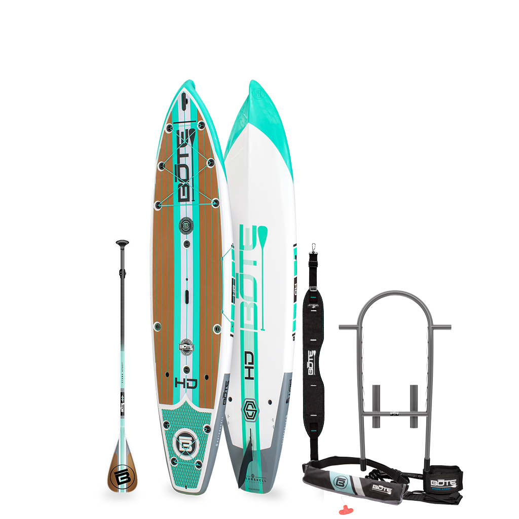 Top and bottom angled view of the HD 10′6″ Full Trax Seafoam Paddle Board Package