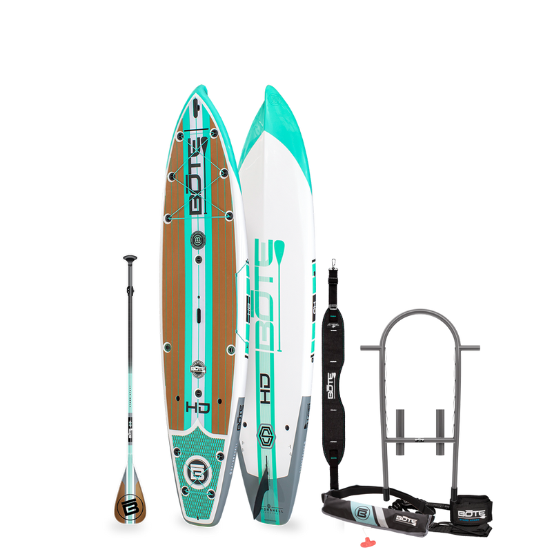 Top and bottom angled view of the HD 10′6″ Full Trax Seafoam Paddle Board Package