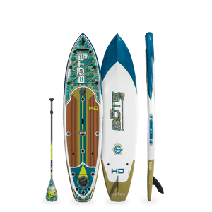 Top, bottom, and side view of the HD 10'6" Native Bombardier Paddle Board Package.