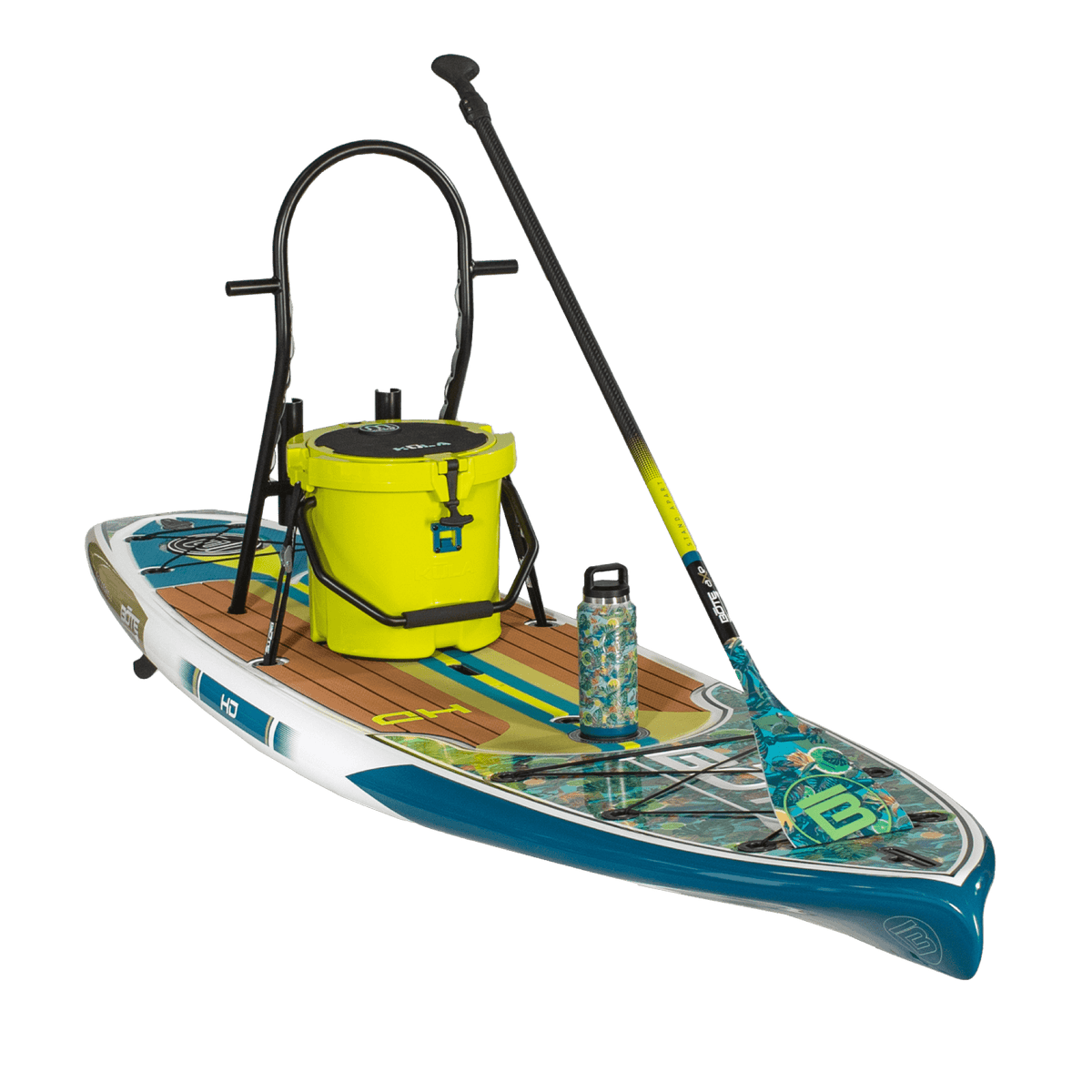 Front angled view of HD 10′6" Native Bombardier board with paddle, cooler, rack, and bottle.