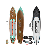 Top and bottom angled view of HD 10′6″ Classic Mangrove Paddle Board Package board with paddle, leash, PFD, and board bag.