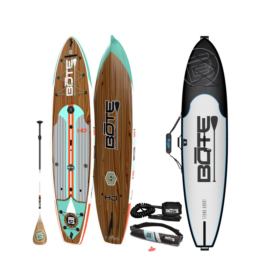 Top and bottom angled view of HD 10′6″ Classic Mangrove Paddle Board Package board with paddle, leash, PFD, and board bag.