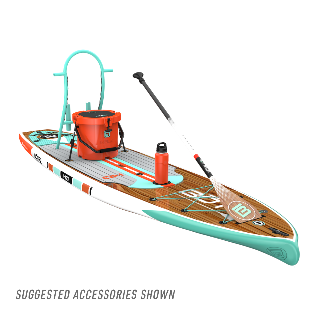 Front angled view of the HD 10′6″ Classic Mangrove Paddle Board with accessories