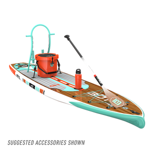 Front angled view of the HD 10′6″ Classic Mangrove Paddle Board with accessories