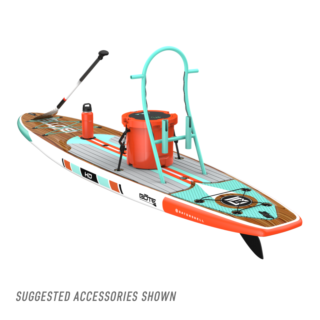 Rear angled view of the HD 10′6″ Classic Mangrove Paddle Board with accessories
