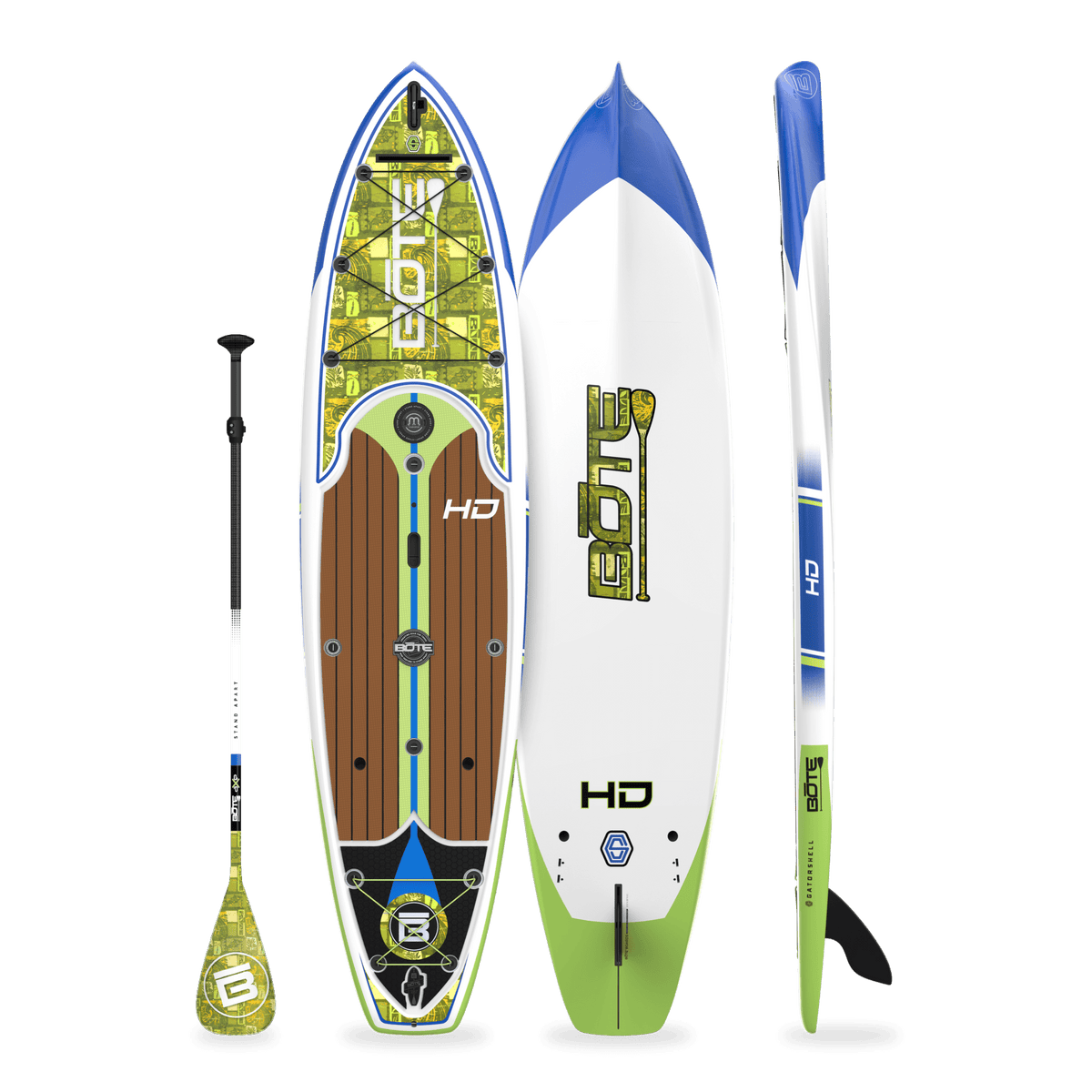 Top, side and bottom view of the HD 10′6″ Native Nalu Paddle Board with paddle