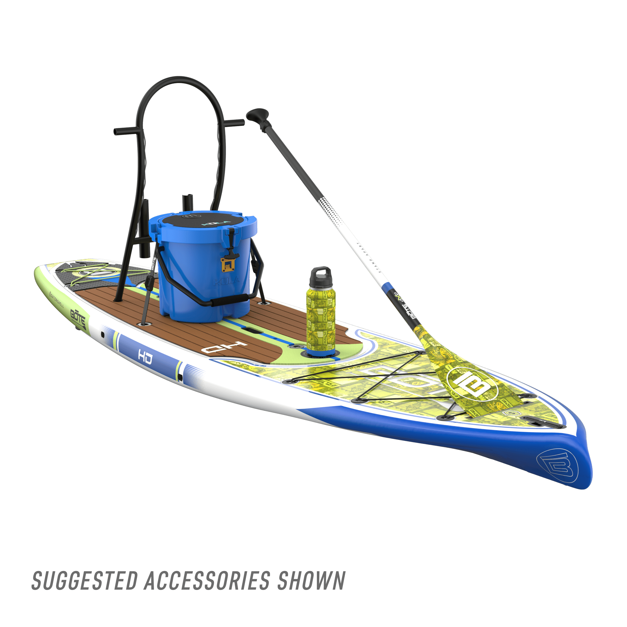 Front angled view of the HD 10′6″ Native Nalu Paddle Board with suggested accessories