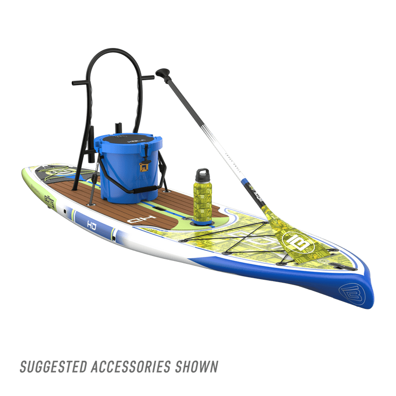 Front angled view of the HD 10′6″ Native Nalu Paddle Board with suggested accessories