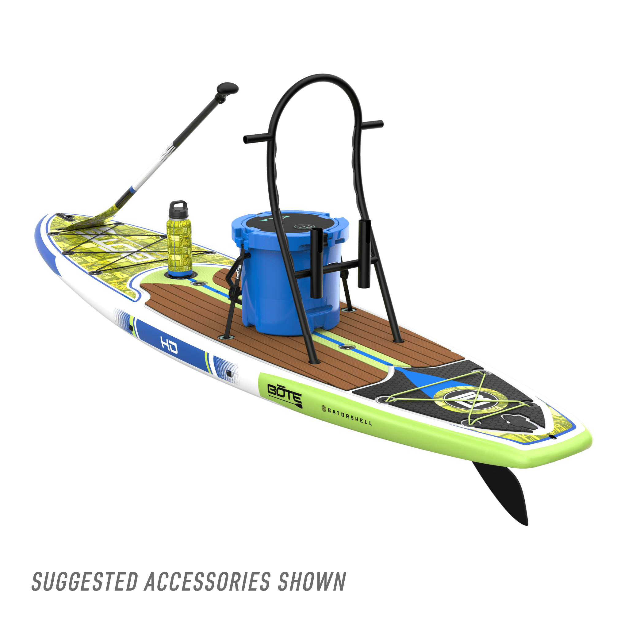 Rear angled view of the HD 10′6″ Native Nalu Paddle Board with suggested accessories