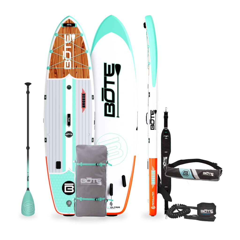 Top, Side, and Bottom image of the 10'6" Breeze Aero Classic Mangrove inflatable paddle board package with bag, paddle, PDF belt and leash