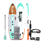 Top, Side, and Bottom image of the 10'6" Breeze Aero Classic Mangrove inflatable paddle board package with bag, paddle, PDF belt and leash