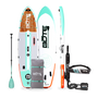Top, Side, and Bottom image of the 10'6" Breeze Aero Classic Mangrove inflatable paddle board package with bag, paddle, PDF belt and leash