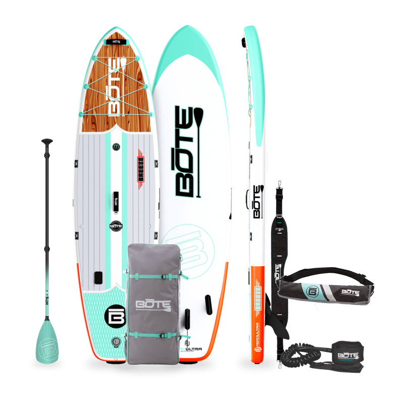 Top, Side, and Bottom image of the 10'6" Breeze Aero Classic Mangrove inflatable paddle board package with bag, paddle, PDF belt and leash