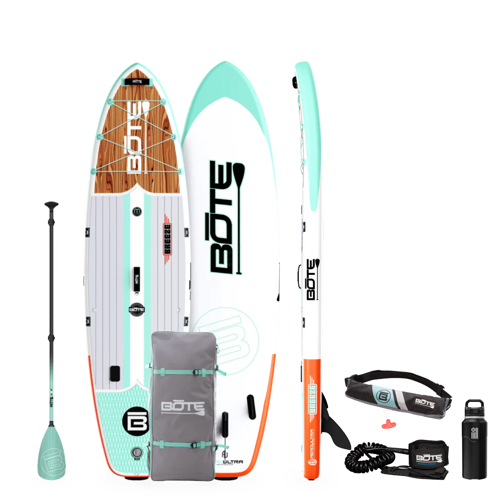 Top, Side, and Bottom image of the 10'6" Breeze Aero Classic Mangrove inflatable paddle board package with bag, paddle, PDF belt and leash