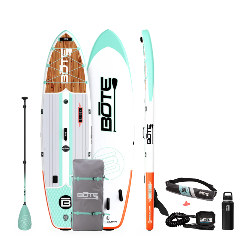 Top, Side, and Bottom image of the 10'6" Breeze Aero Classic Mangrove inflatable paddle board package with bag, paddle, PDF belt and leash