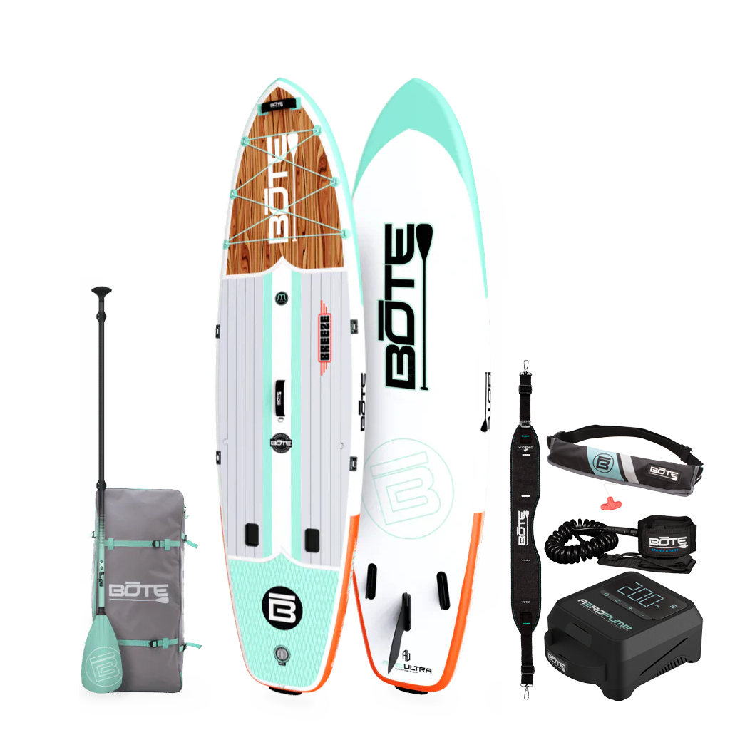 Breeze Aero Package inflatable paddle board with woodgrain deck, paddle, carry bag, leash, and pump.