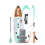 Top, Side, and Bottom image of the 10'6" Breeze Aero Classic Mangrove inflatable paddle board with bag and paddle