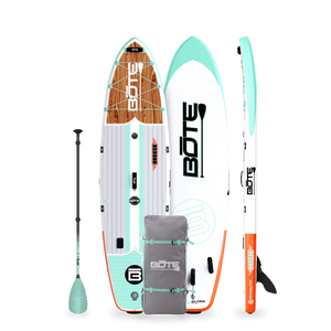 Top, Side, and Bottom image of the 10'6" Breeze Aero Classic Mangrove inflatable paddle board with bag and paddle