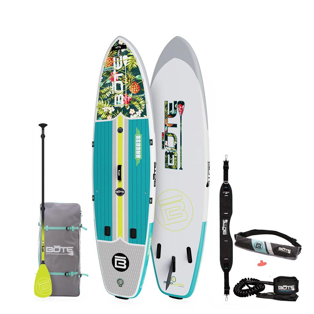 Top and Bottom image of the 10'6" Breeze Aero Native Cuda inflatable paddle board with paddle, bag, PDF Belt, and leash