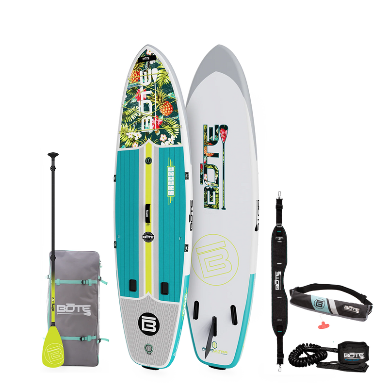 Top and Bottom image of the 10'6" Breeze Aero Native Cuda inflatable paddle board with paddle, bag, PDF Belt, and leash