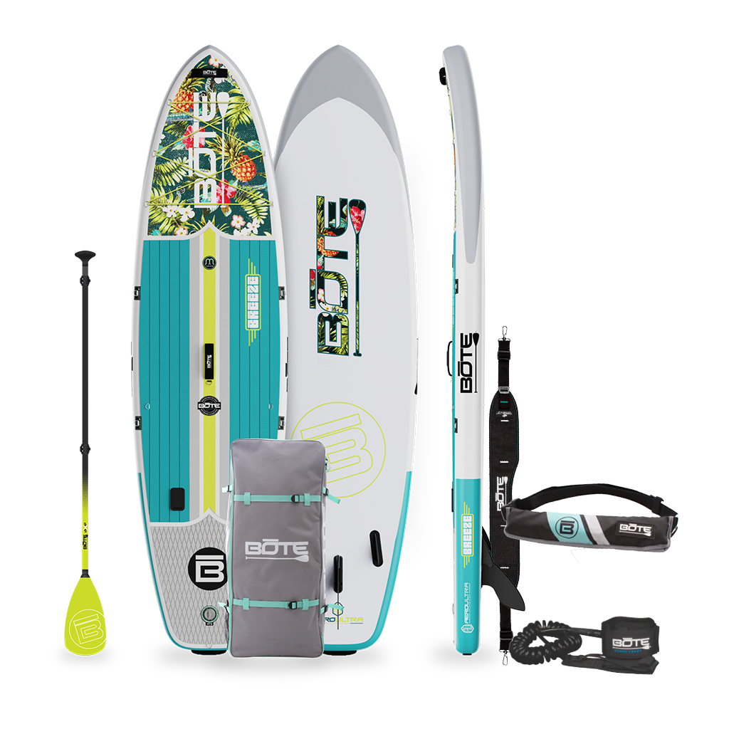 Top, Side, and Bottom image of the 10'6" Breeze Aero Native Cuda inflatable paddle board with paddle, bag, PDF Belt, and leash