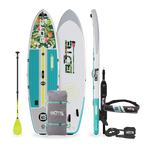 Top, Side, and Bottom image of the 10'6" Breeze Aero Native Cuda inflatable paddle board with paddle, bag, PDF Belt, and leash