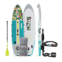 Top, Side, and Bottom image of the 10'6" Breeze Aero Native Cuda inflatable paddle board with paddle, bag, PDF Belt, and leash