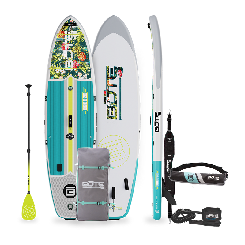 Top, Side, and Bottom image of the 10'6" Breeze Aero Native Cuda inflatable paddle board with paddle, bag, PDF Belt, and leash