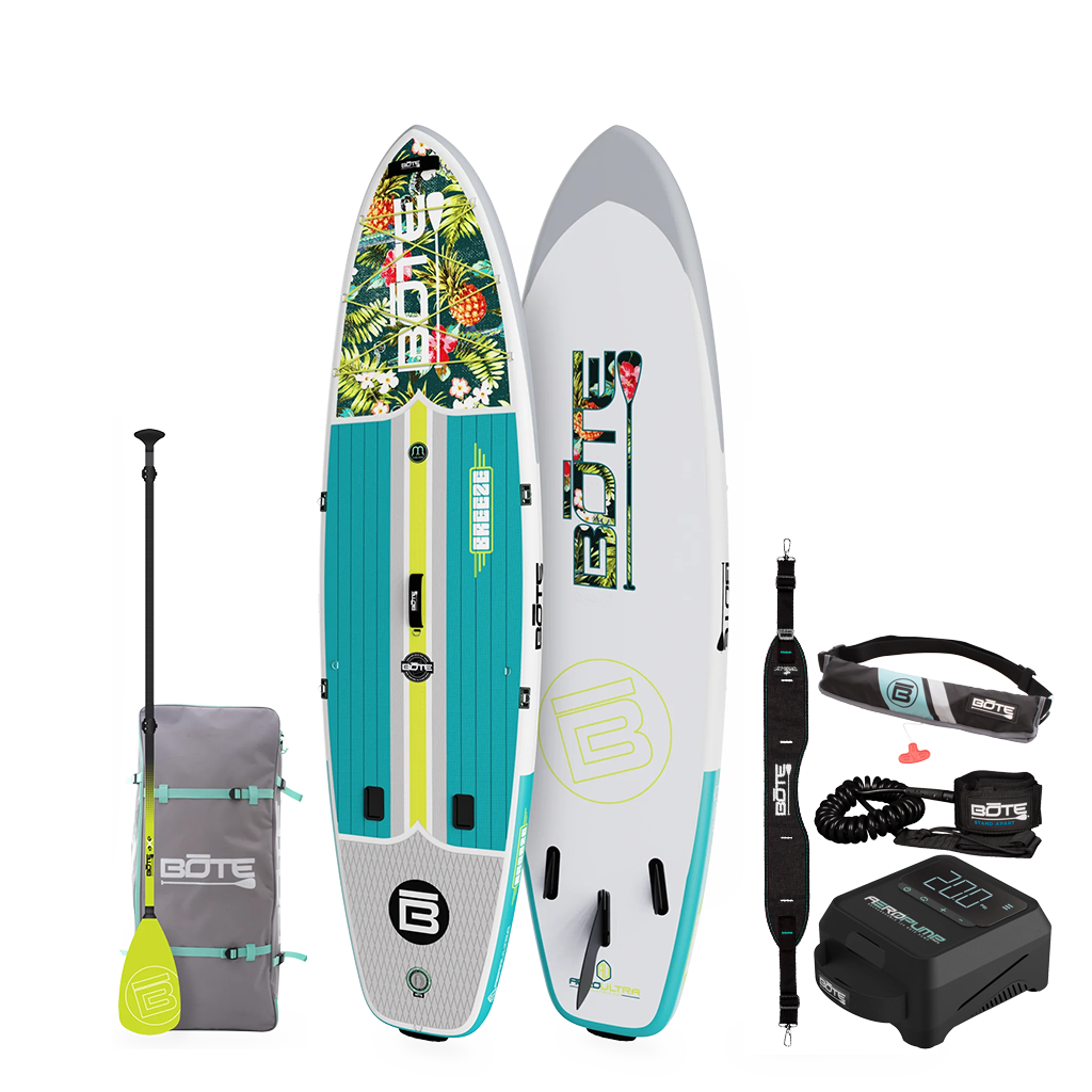 Breeze Aero Package inflatable paddle board with tropical print deck, paddle, bag, leash, and pump.