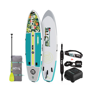 Breeze Aero Package inflatable paddle board with tropical print deck, paddle, bag, leash, and pump.