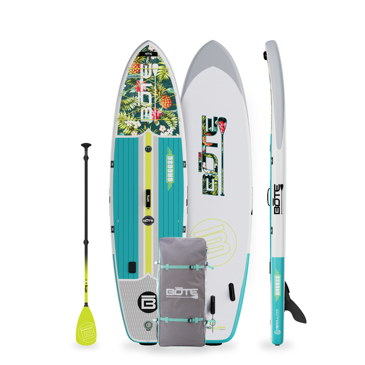 Top, Side, and Bottom image of the 10'6" Breeze Aero Native Cuda inflatable paddle board with bag and paddle