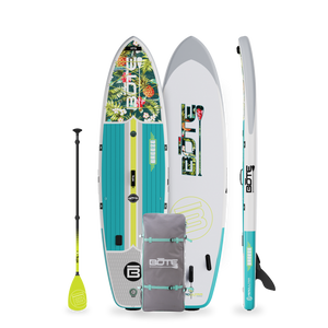 Top, Side, and Bottom image of the 10'6" Breeze Aero Native Cuda inflatable paddle board with bag and paddle