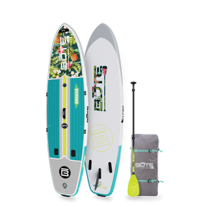 Angled view of the 10'6" Breeze Aero Native Cuda inflatable paddle board with bag and paddle