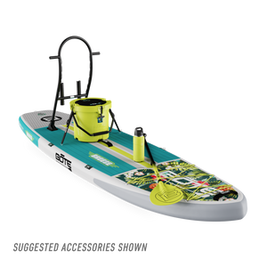 Front view of the 10'6" Breeze Aero Native Cuda inflatable paddle board with suggested accessories