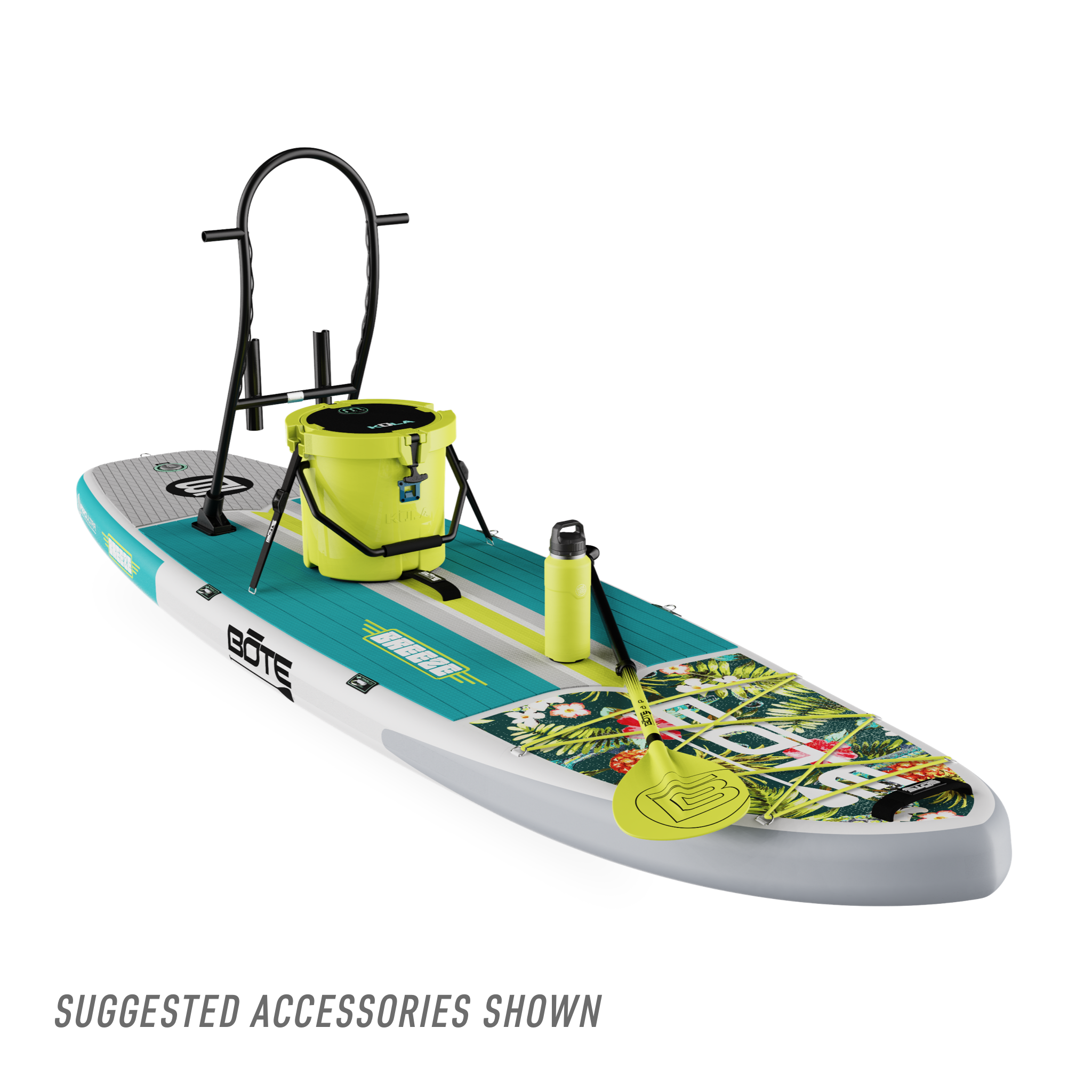 Front view of Breeze Aero Native Cuda inflatable paddle board with suggested accessories