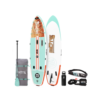 Top and base view of the 10'6" Breeze Aero Package in Classic Cedar with paddle, bag, bottle, pfd, and coiled leash.
