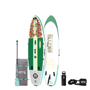 Top and base view of the 10'6" Breeze Aero Package in Native Begonia with paddle, bag, bottle, and coiled leash.