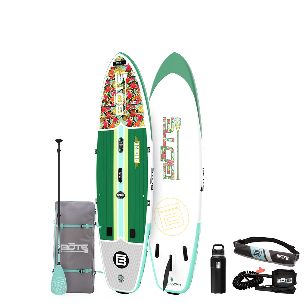 Top and base view of the 10'6" Breeze Aero Package in Native Begonia with paddle, bag, bottle, pfd,  and coiled leash.