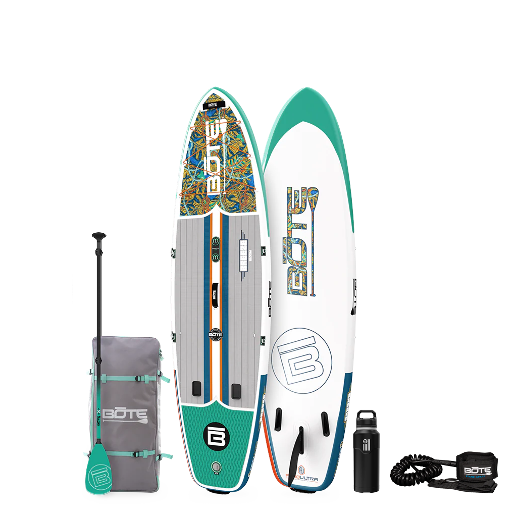 Top and base view of the 10'6" Breeze Aero Package in Native Tides Bloom with paddle, bag, bottle, and coiled leash.
