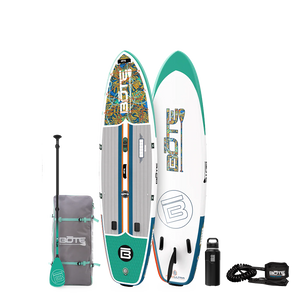 Top and base view of the 10'6" Breeze Aero Package in Native Tides Bloom with paddle, bag, bottle, and coiled leash.