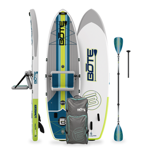 Full LowRider Aero 10'6" package with paddle board, seat, bag, and paddle in upright layout.