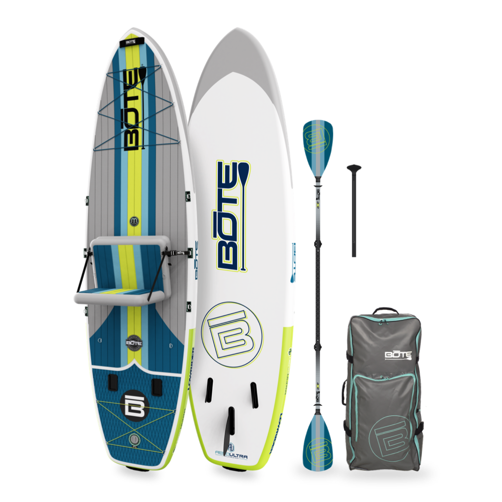 Angled view of LowRider Aero 10'6" paddle board with seat, paddle, and carry bag.