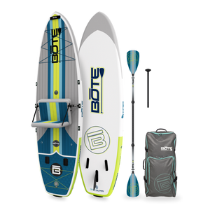 Angled view of LowRider Aero 10'6" paddle board with seat, paddle, and carry bag.