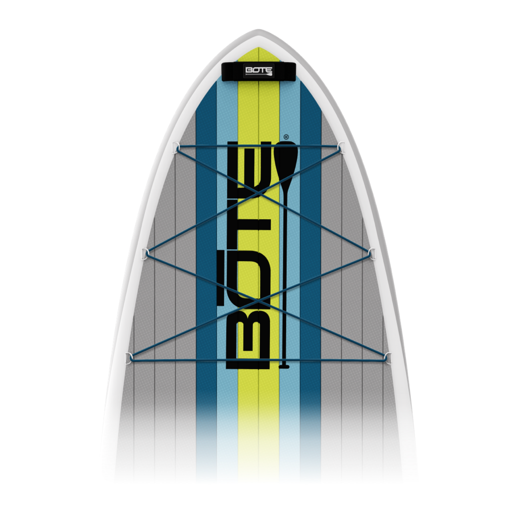 Top view of LowRider Aero 10'6" board with blue, gray, and yellow striped deck and bungees.