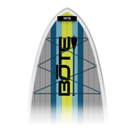 Top view of LowRider Aero 10'6" board with blue, gray, and yellow striped deck and bungees.