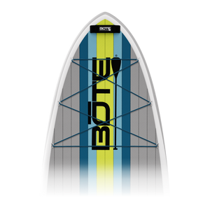 Top view of LowRider Aero 10'6" board with blue, gray, and yellow striped deck and bungees.