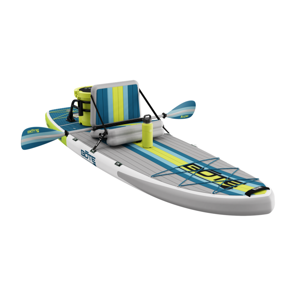 Front angled view of LowRider Aero 10'6" in row setup with striped seat, paddles, and bottle.