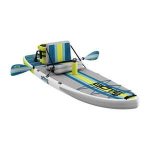 Front angled view of LowRider Aero 10'6" in row setup with striped seat, paddles, and bottle.
