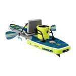 Rear angled view of LowRider Aero 10'6" with seat, paddles, and lime green cooler.