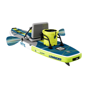 Rear angled view of LowRider Aero 10'6" with seat, paddles, and lime green cooler.